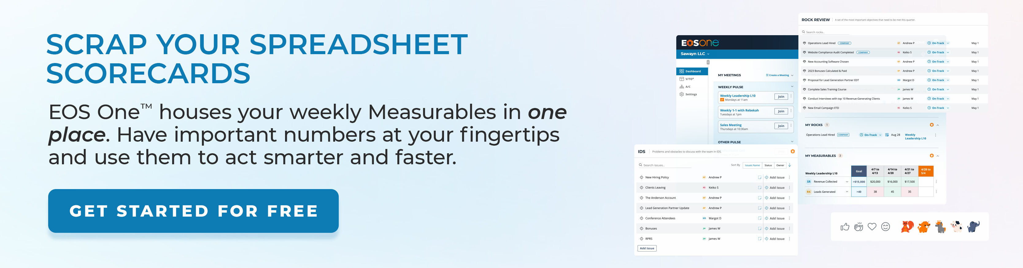 EOS One houses your weekly measurables in one place. Have important numbers at your fingertips and use them to act smarter and faster. Get started for free with EOS One